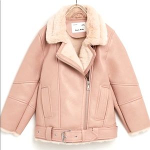 ZARA Kids pink moto faux leather faux fur jacket